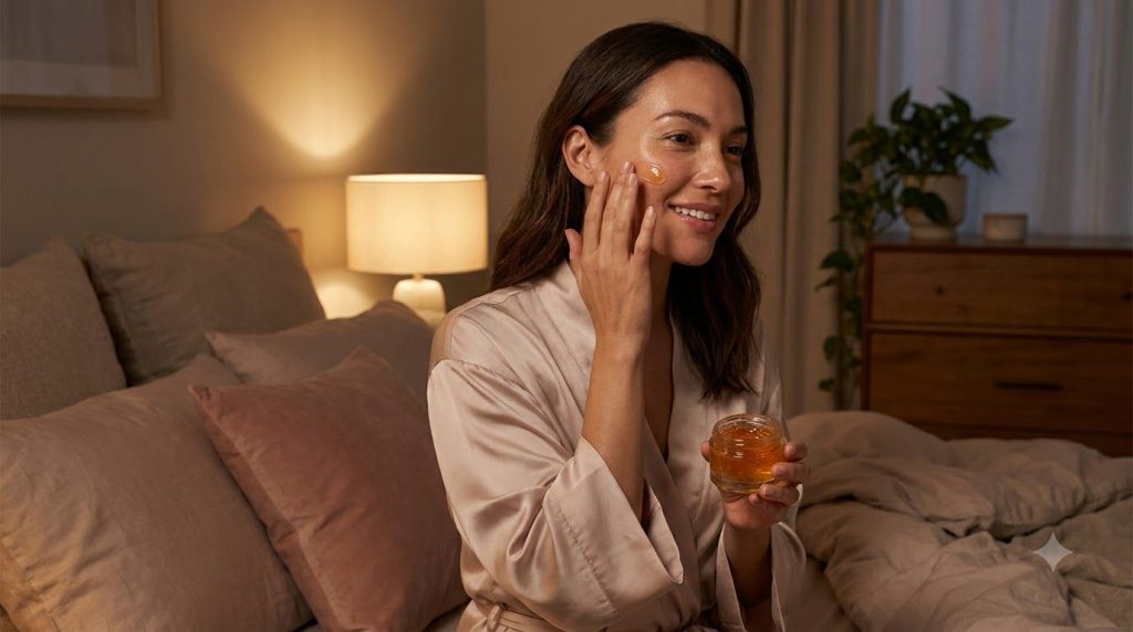 A woman gently applies a clear gel to her face at night her skin looking soft and radiant with a subtle glow
