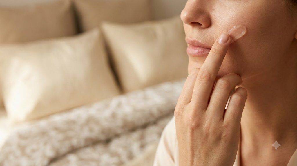 A woman s hand gently applying a small amount of the translucent night gel to her clean face before bedtime with a soft 