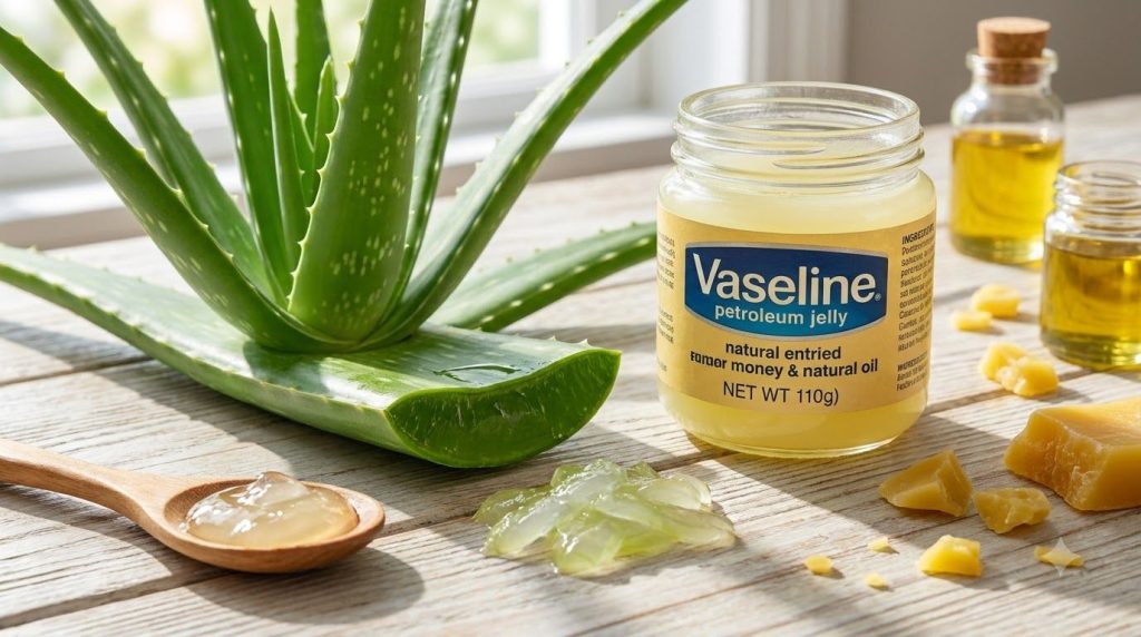 A close-up shot of a vibrant green aloe vera plant next to a classic jar of Vaseline petroleum jelly on a light natural 