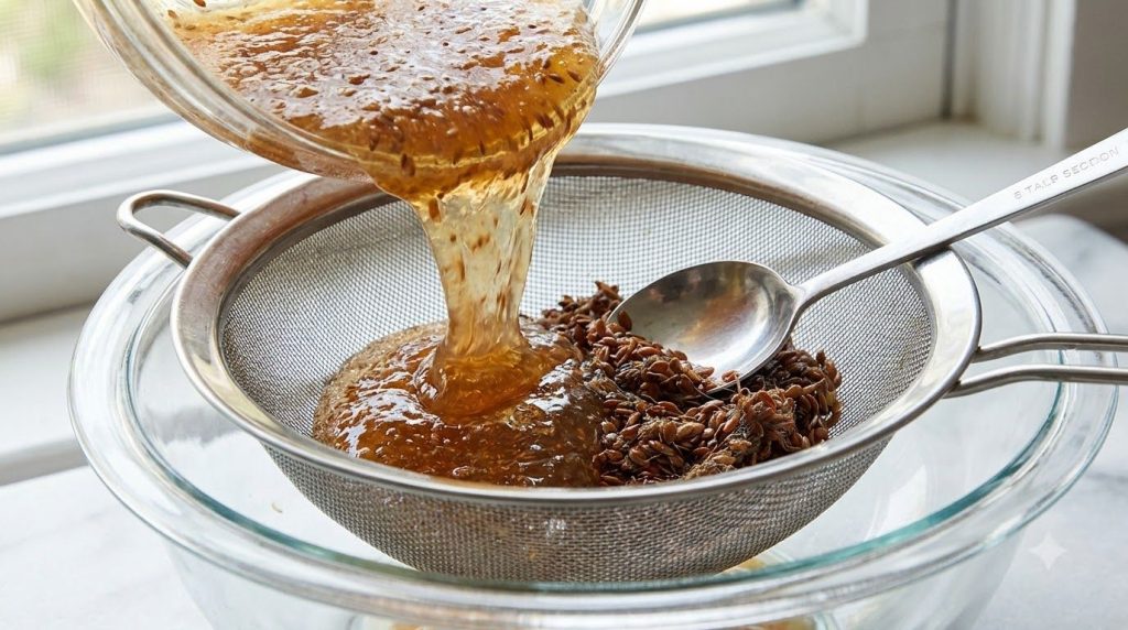 A close-up shot of flaxseed gel being strained through a fine-mesh sieve into a glass bowl with a spoon pressing the see