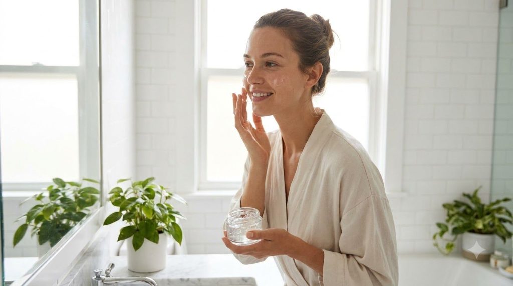 A woman with clean radiant skin gently applying a translucent gel to her face with her fingertips in a brightly lit bath