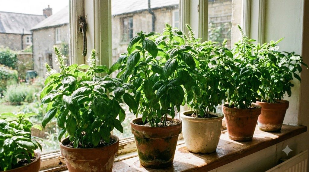 A row of small potted basil plants thriving on a sunny indoor windowsill ready for continuous harvesting