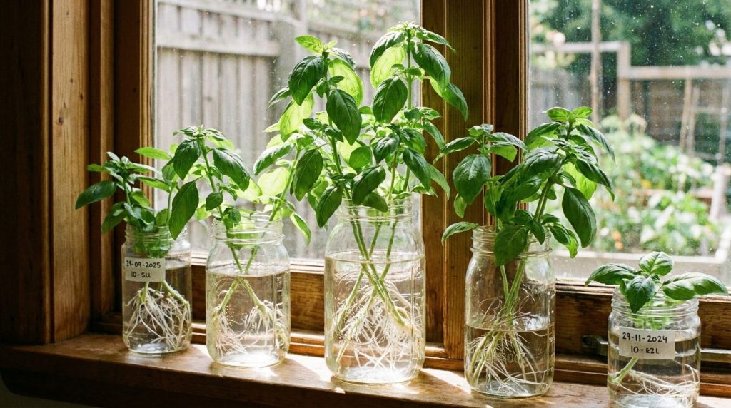 Several basil cuttings submerged in water in glass jars on a windowsill showing small white roots starting to form