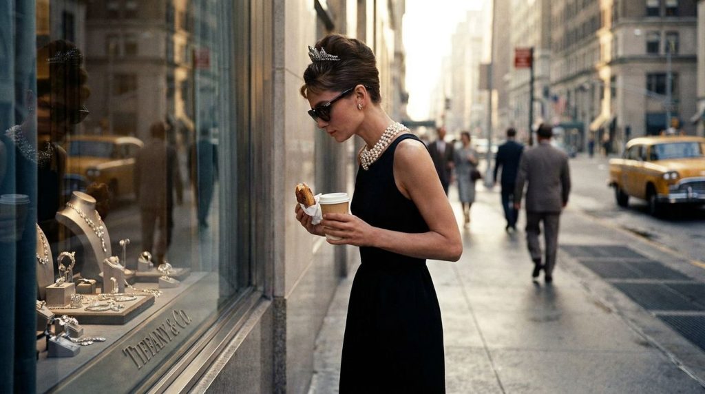 A movie still from Breakfast at Tiffany s featuring Audrey Hepburn as Holly Golightly