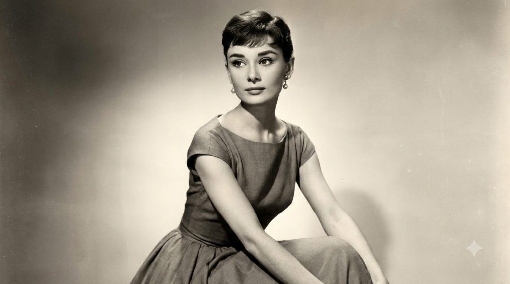 A classic black and white publicity photo of Audrey Hepburn showcasing her iconic elegance and fashion style