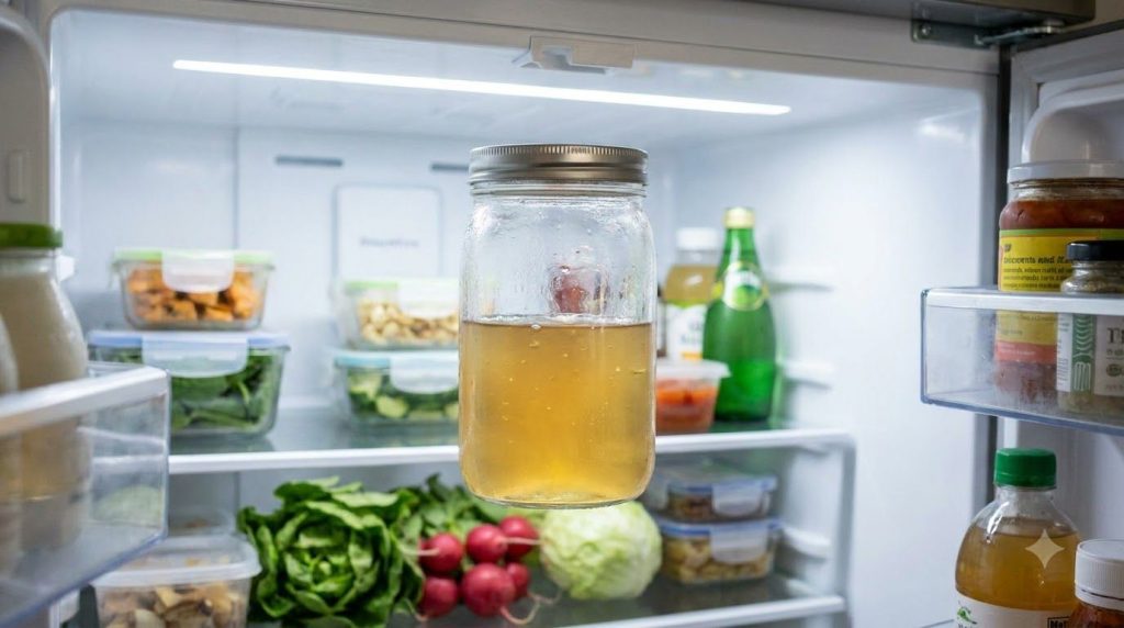 A clear glass jar filled with a light translucent homemade collagen gel freshly prepared and stored in a refrigerator