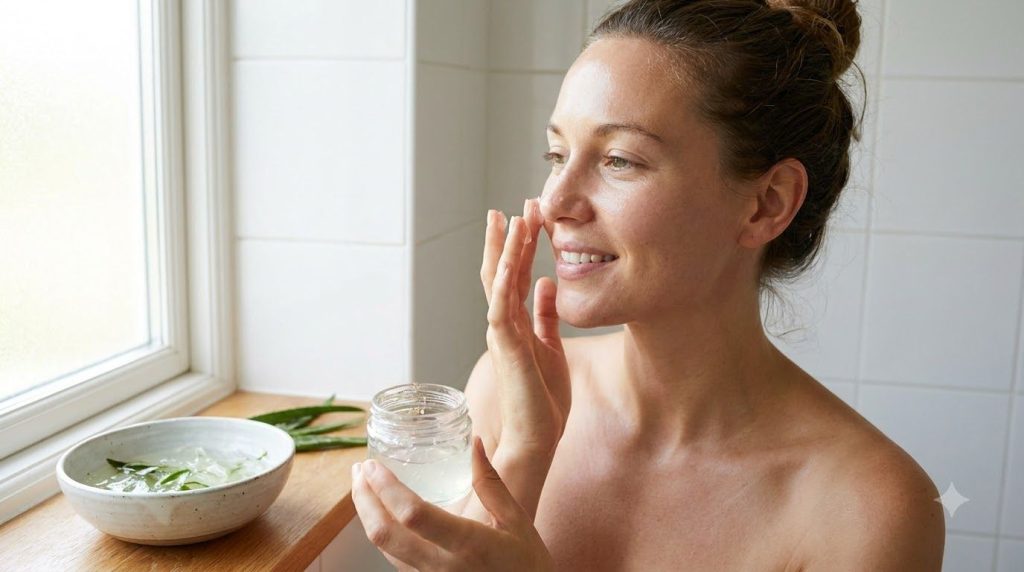 A woman gently applying a clear light-textured gel to her cheek with her fingertips demonstrating proper usage