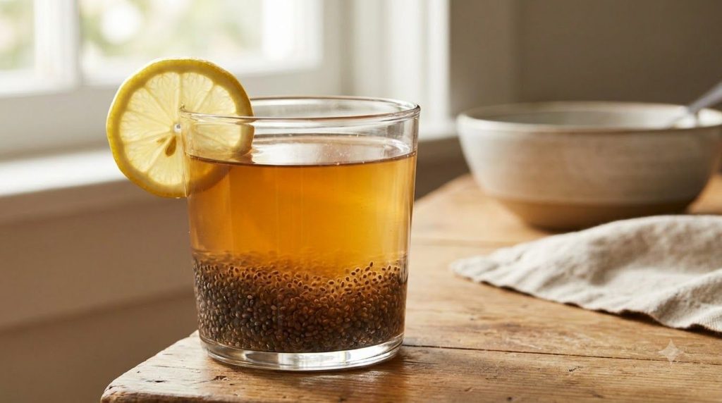 A clear glass filled with the finished collagen-friendly drink showing plump chia seeds and a light brown tint from the 