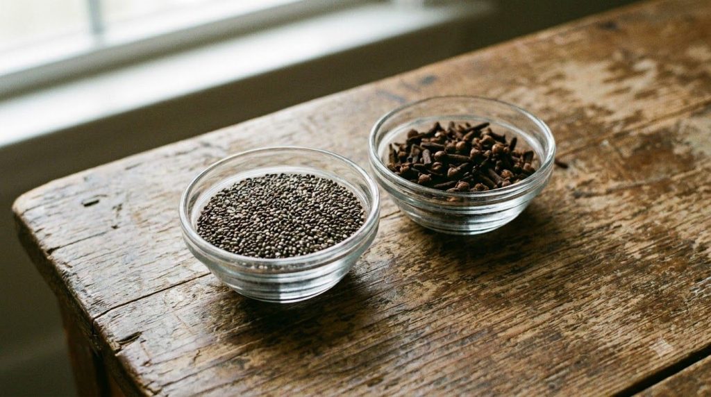 Close-up shot of dry chia seeds and whole cloves in separate small bowls ready for use