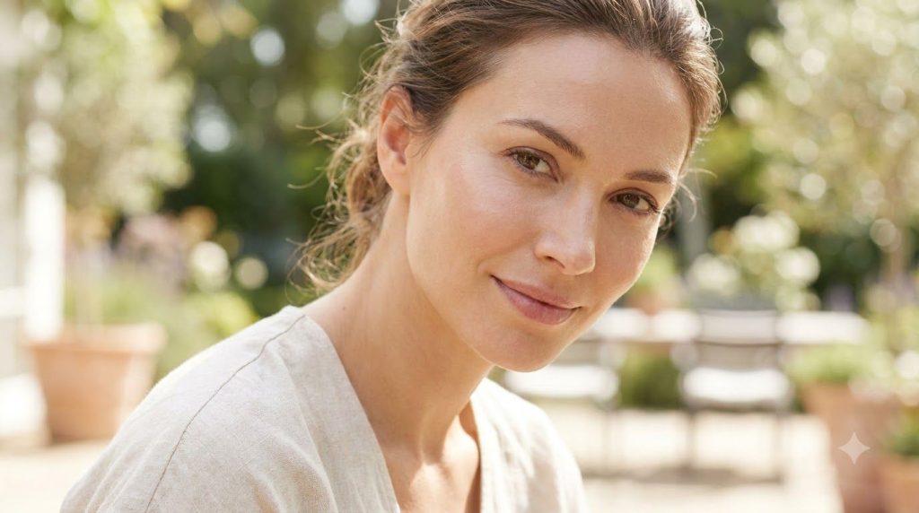 A woman with a glowing clear complexion smiling possibly after using a face mask