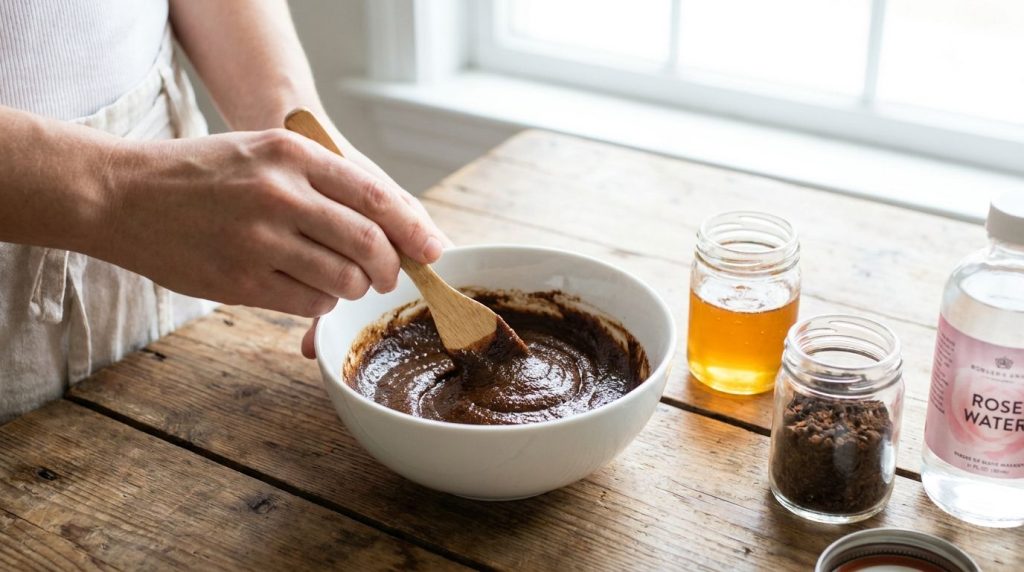 A hand mixing ground cloves honey and rose water in a small ceramic bowl to form a smooth paste