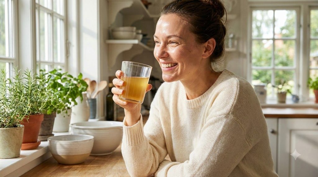A woman smiling and drinking the Collagen Glow Drink showcasing radiant skin in a bright and happy setting