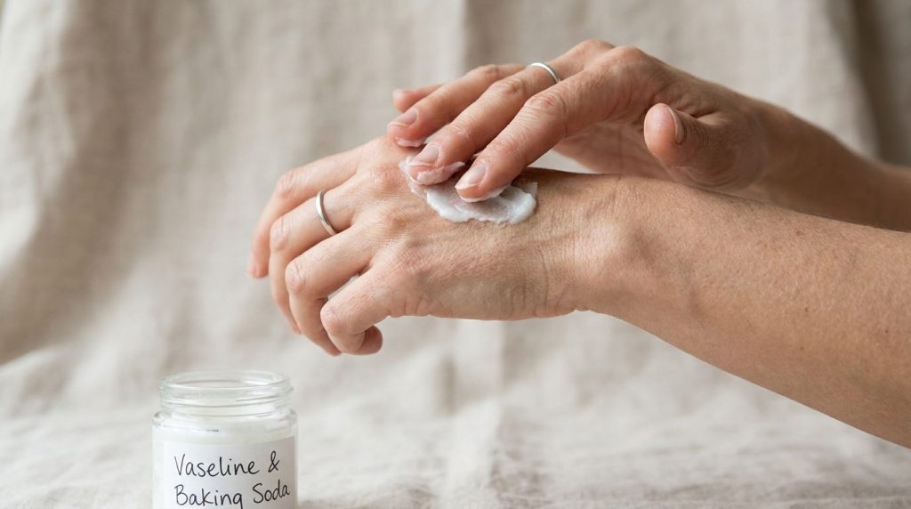 A woman gently applying the white Vaseline and baking soda paste to the back of her hand showing the texture of the past