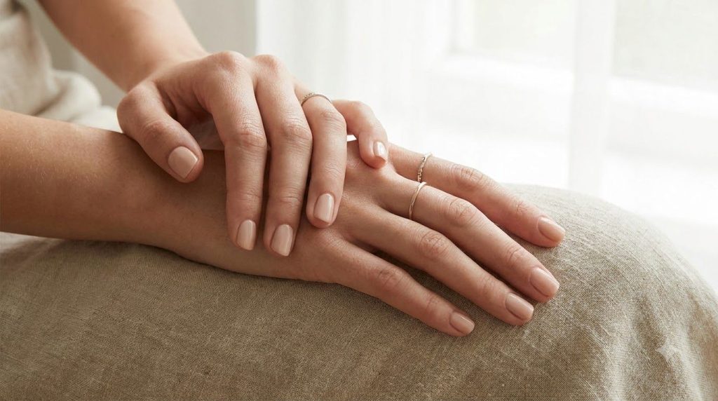 A pair of hands with visibly smooth and soft skin possibly with a subtle glow resting comfortably