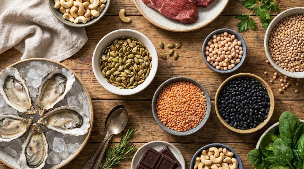 A vibrant assortment of zinc-rich foods including pumpkin seeds oysters lentils and chickpeas arranged appealingly on a 