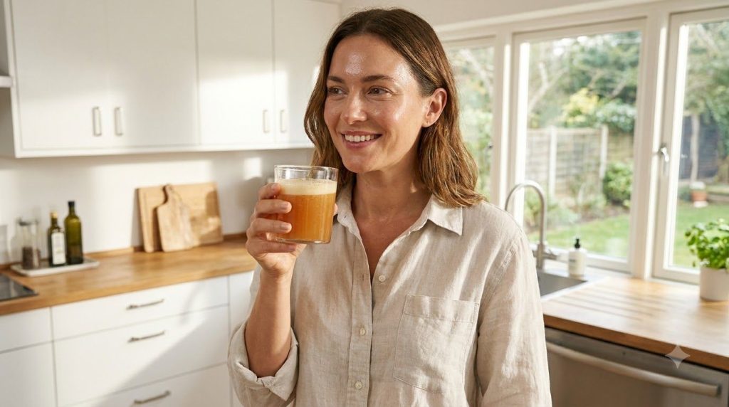 A woman smiling and holding a glass of the yellow-orange anti-aging drink with a soft glowing complexion in a bright cle