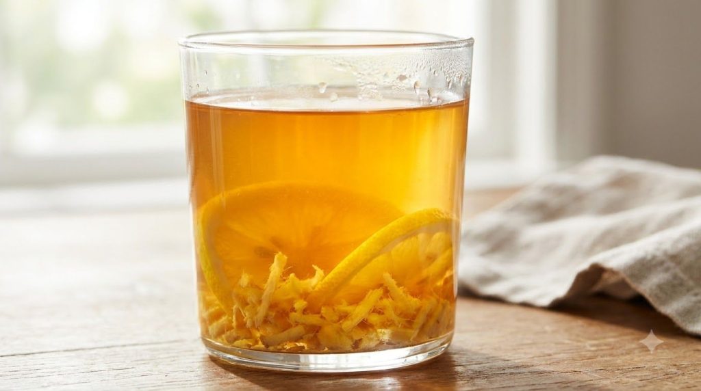 A close-up of the anti-aging drink in a glass with a focus on the fresh ingredients like lemon slices and grated ginger 