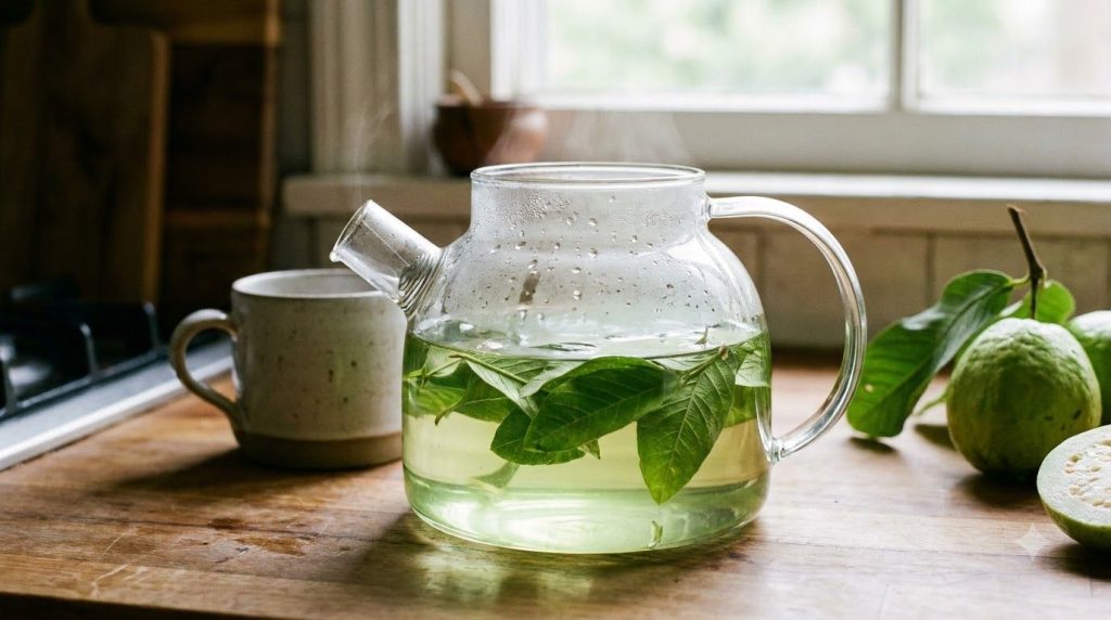 A clear glass teapot with boiling water and fresh green guava leaves steeping inside releasing a light green hue into th
