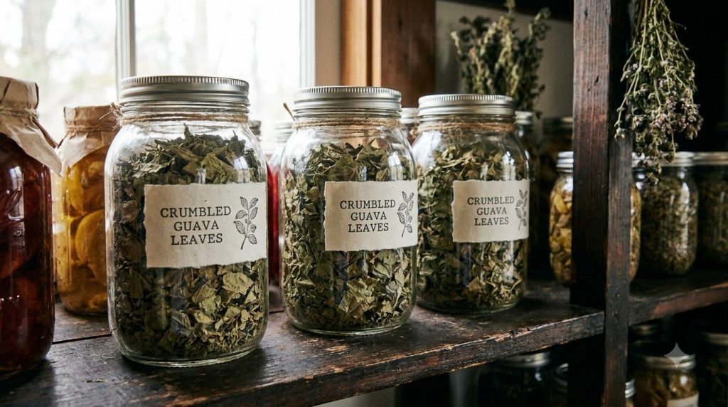 A row of airtight glass jars containing dried guava leaves neatly labeled and stored in a pantry cabinet