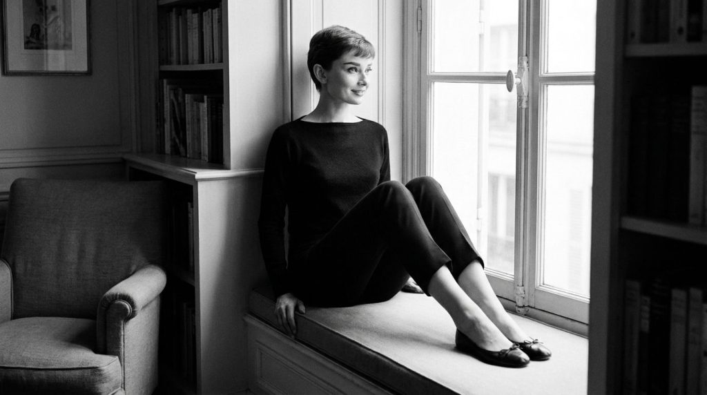 Audrey Hepburn in a classic elegant pose perhaps wearing a little black dress or with her iconic pixie cut in a black an