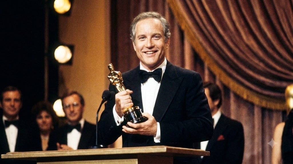 Richard Dreyfuss holding his Academy Award looking triumphant and happy