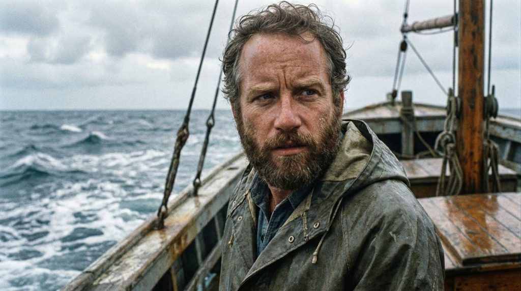 Still image from the movie Jaws showing Richard Dreyfuss as Matt Hooper with a serious expression perhaps on the Orca bo