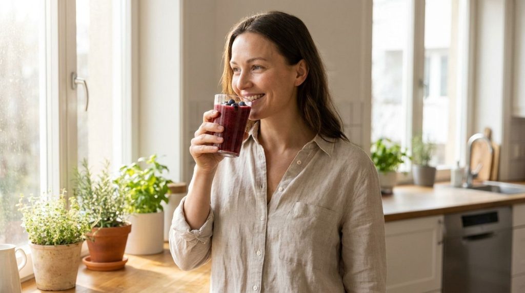 A woman smiling as she takes a sip of a homemade berry collagen drink in a bright kitchen looking refreshed
