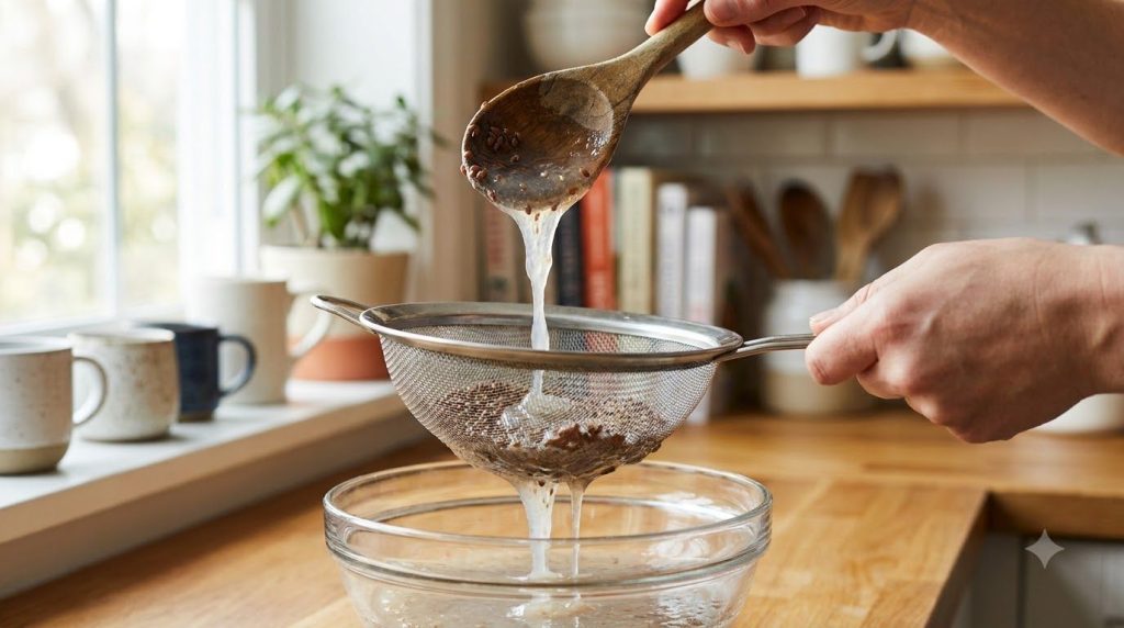 A hand straining flax seed liquid into a bowl through a fine-mesh sieve