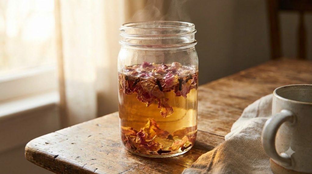 A close-up of rose petals and cloves infusing in hot water in a glass jar