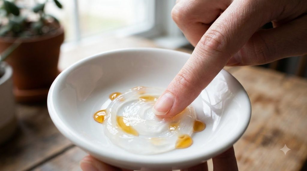 Close-up of a small dish with Vaseline and clear yellow Vitamin E oil being mixed together with a clean finger