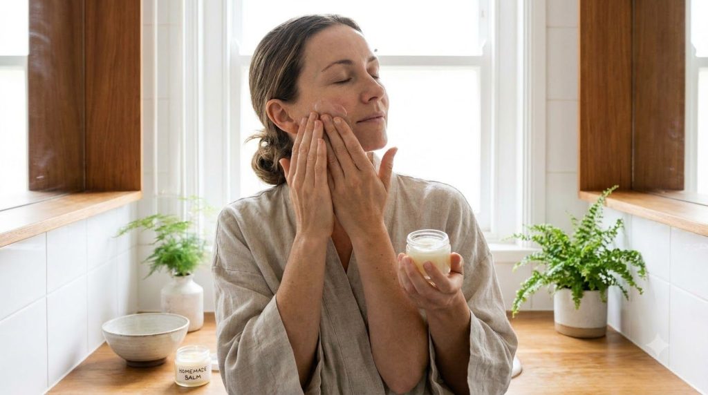 A woman gently massaging a small amount of a homemade Vaseline mixture onto her face focusing on her cheek or forehead T