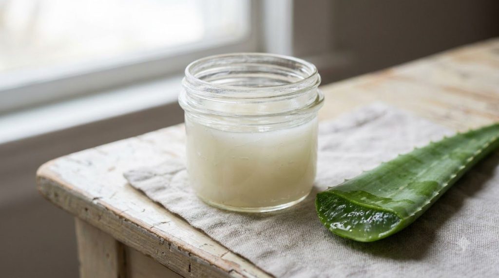 A small glass jar with a homemade mixture of Vaseline and aloe vera representing the glass skin recipe A fresh aloe leaf