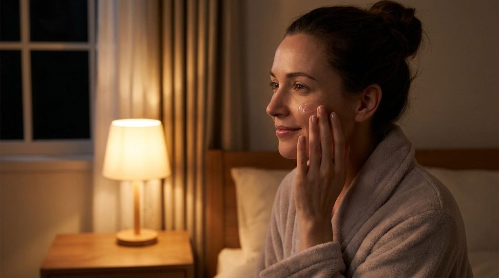 Woman gently applying a small amount of night gel to her face at night