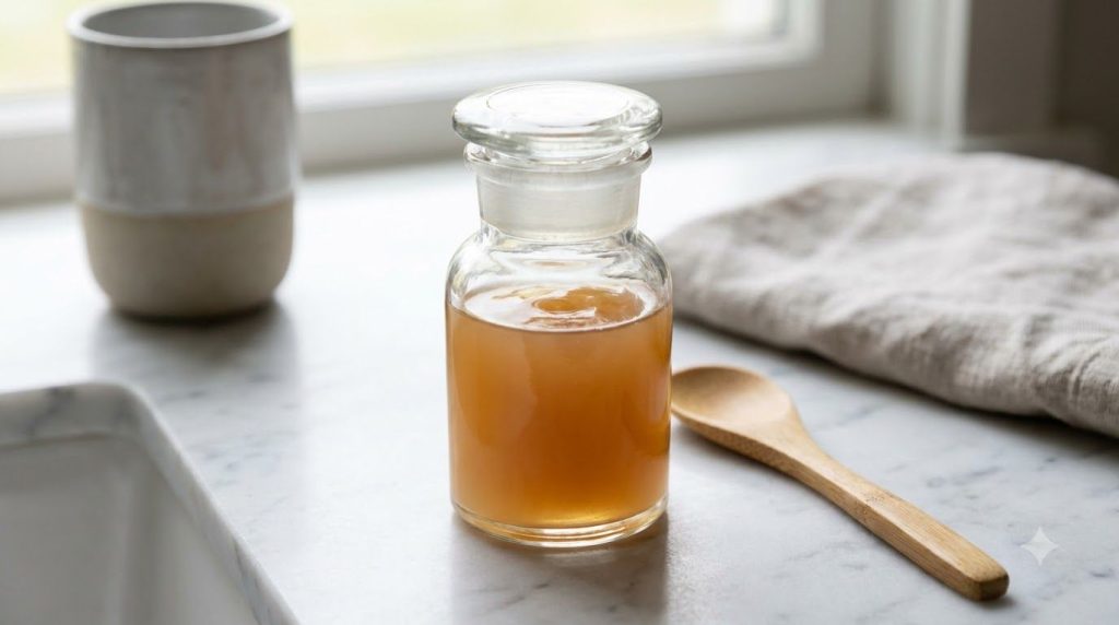 Close-up of a small glass jar filled with the DIY collagen night gel on a vanity