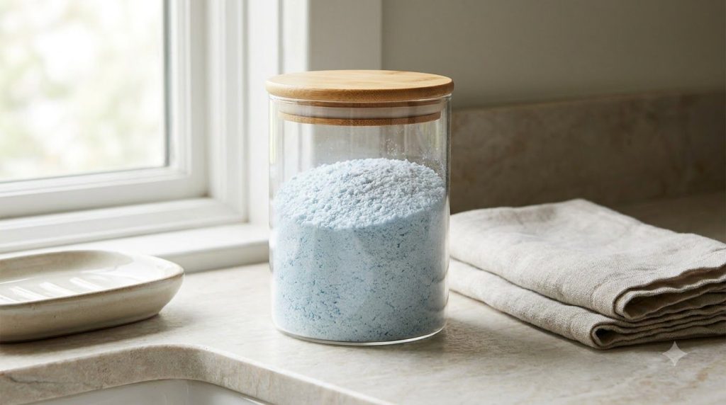 A beautifully prepared clear glass jar filled with blue freshening powder on a clean countertop