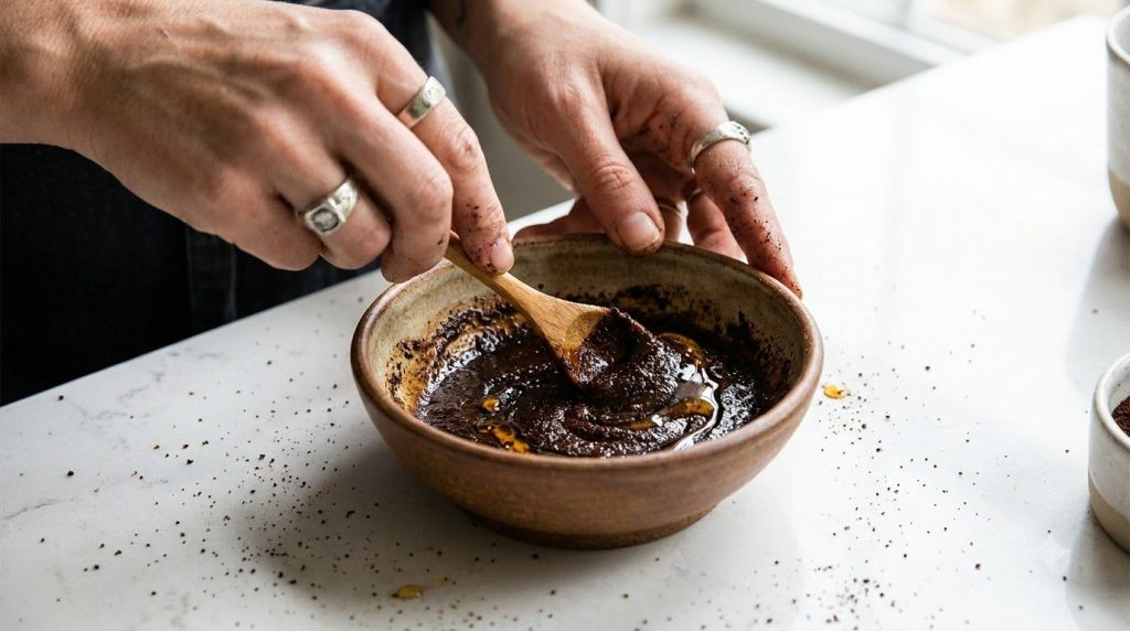 Hands mixing coffee grounds and honey in a small bowl with a spoon creating a thick paste