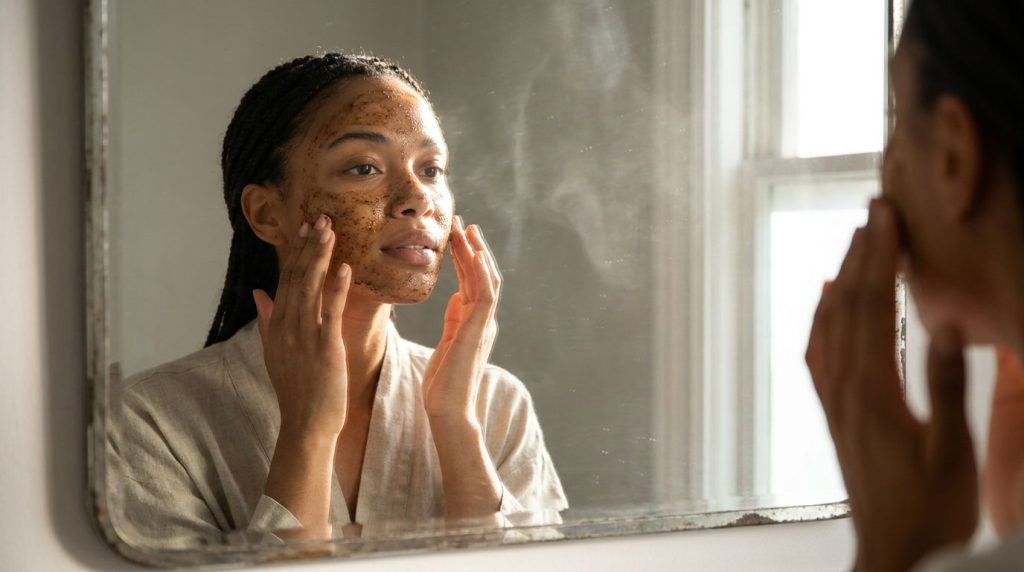 A woman gently applying the coffee and honey mask to her face in a bathroom mirror reflection showing the texture of the