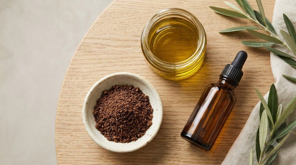 A neatly arranged collection of ingredients a jar of olive oil a small bowl of ground date seeds and an empty amber glas