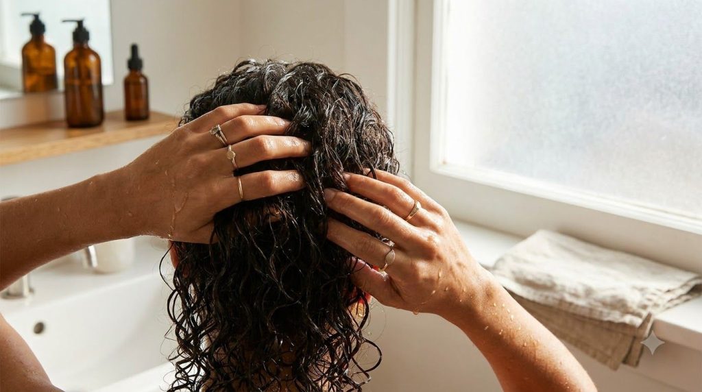 A person s hands gently massaging the homemade date seed oil into their scalp and hair showing the application process