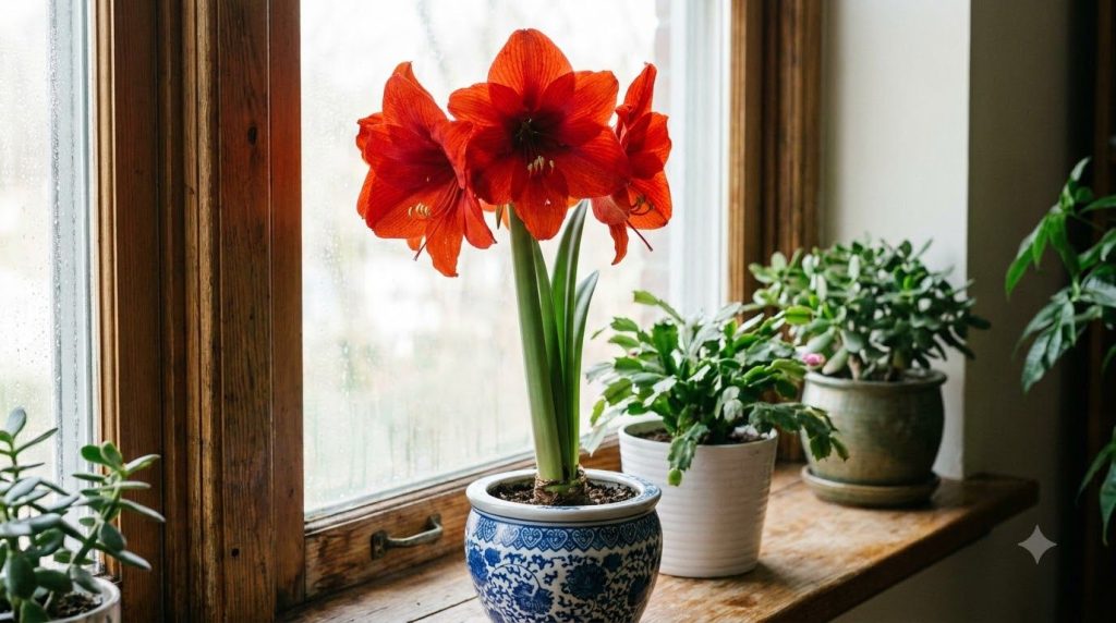 A vibrant red Amaryllis in full bloom showcasing multiple large trumpet-shaped flowers on a sturdy stalk placed indoors