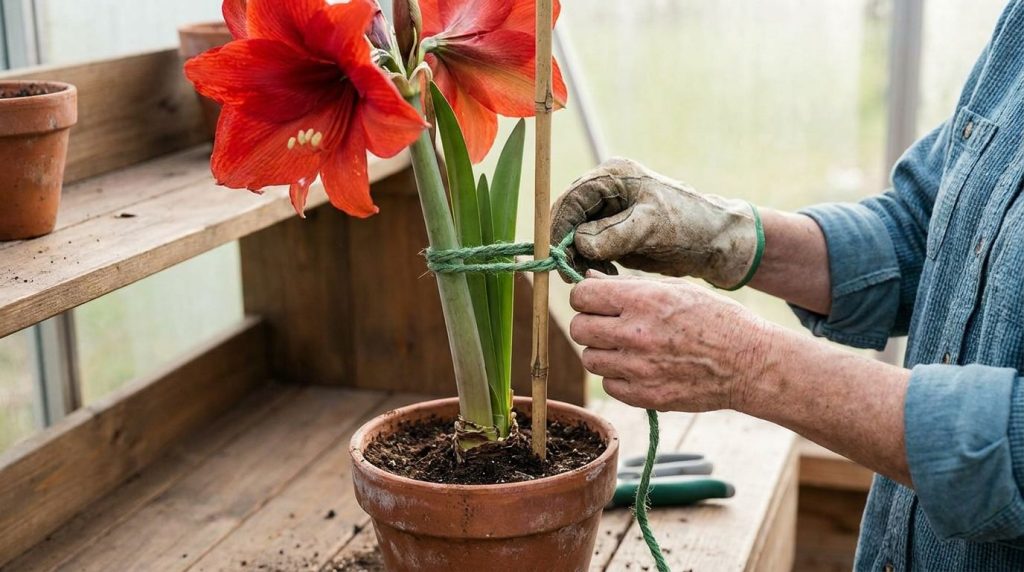 A person carefully staking a tall Amaryllis stalk with heavy red blooms to prevent it from toppling over using a thin gr
