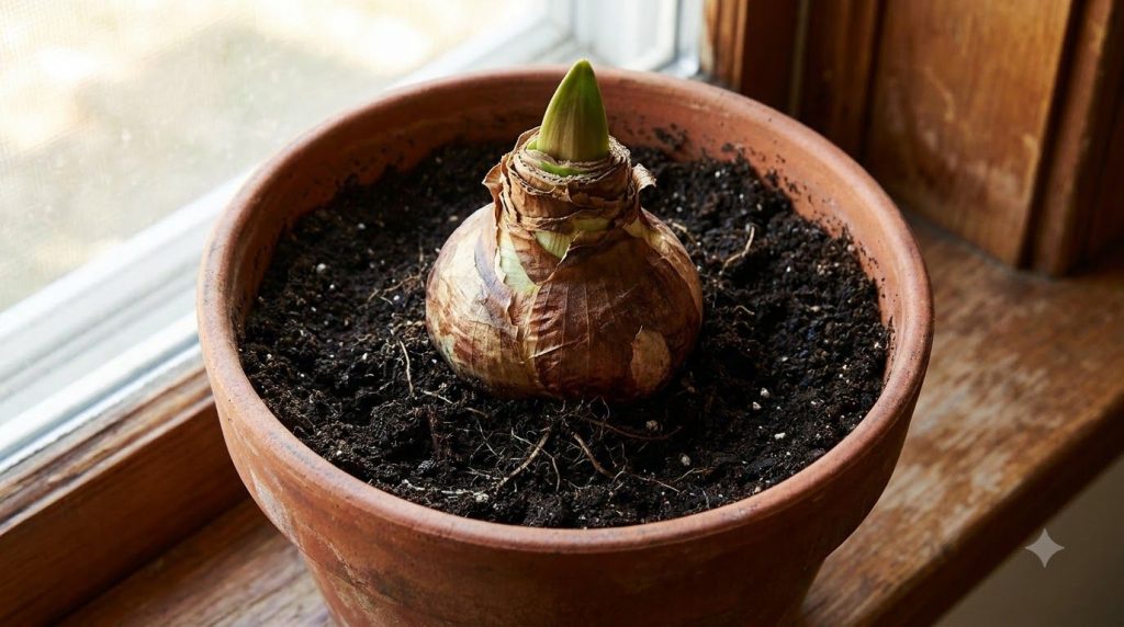 A close-up of a healthy Amaryllis bulb partially planted in a terracotta pot with potting mix showing the top third of t