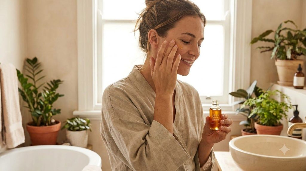 A woman gently massaging the golden glow serum onto her face with a soft content expression