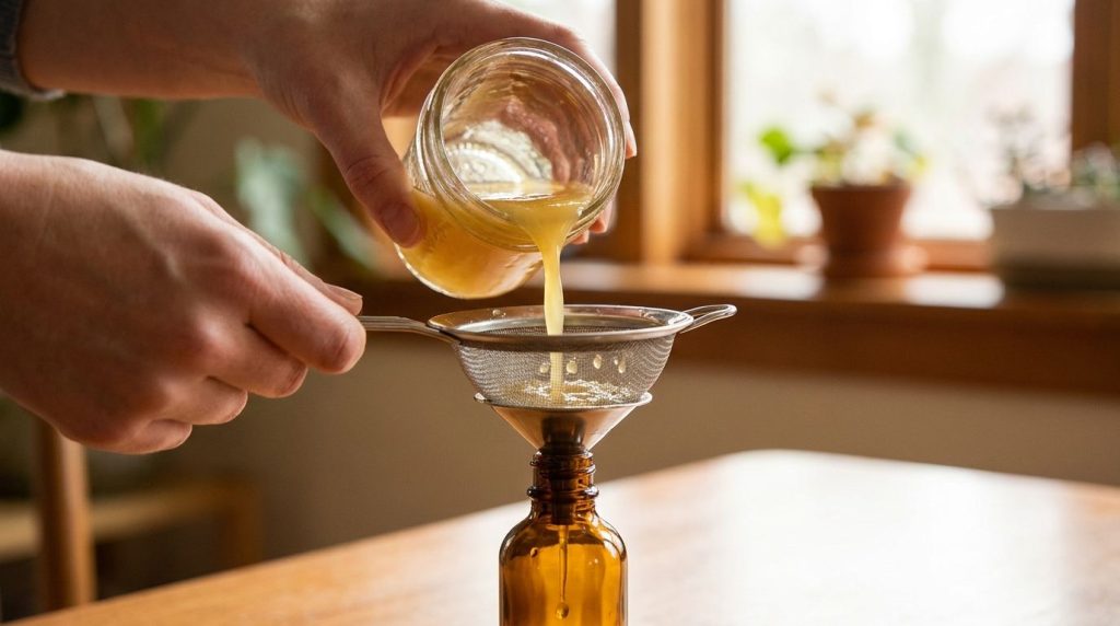 A small glass jar containing the yellow-orange golden glow serum being strained through a fine-mesh sieve into a dropper