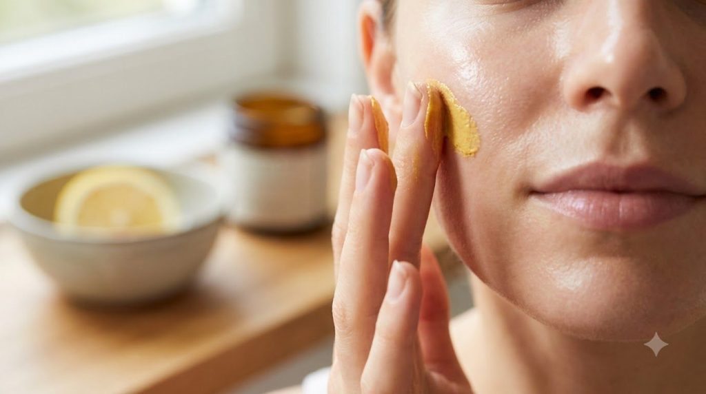 A woman gently applying a thin layer of the yellow Vaseline lemon and turmeric paste to her cheek with her fingertips de