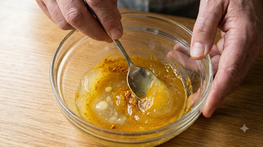 Hands mixing Vaseline lemon juice and turmeric powder in a small glass bowl with a spoon to create a yellow paste