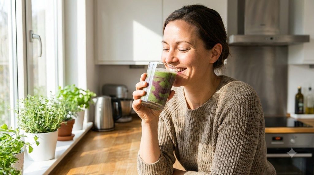 A person drinking a collagen glow drink from a glass looking refreshed and healthy