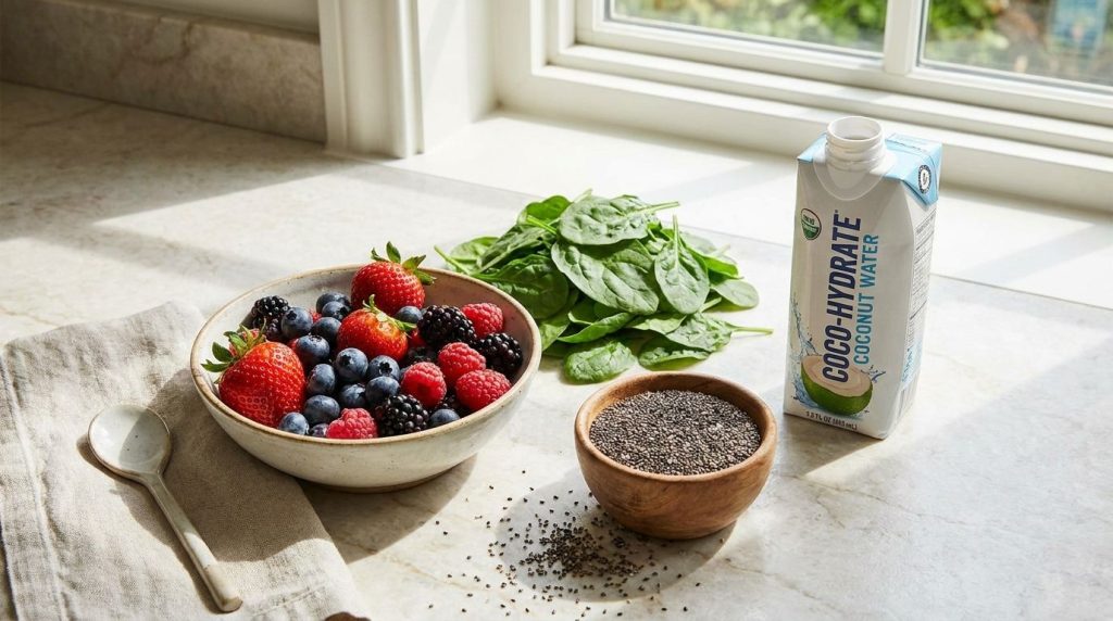 Ingredients for a collagen glow drink laid out on a kitchen counter mixed berries spinach chia seeds and coconut water