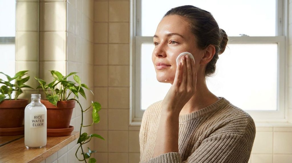 A woman gently patting her face with a cotton pad soaked in the milky rice water elixir her skin looking fresh and calm 