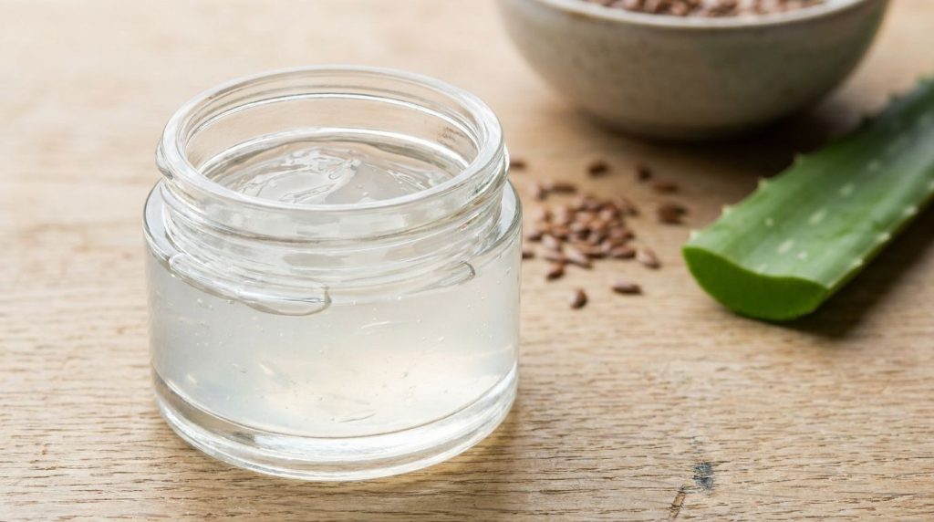 Close-up of a glass jar filled with the freshly made overnight gel with flaxseeds and aloe vera leaves in the background